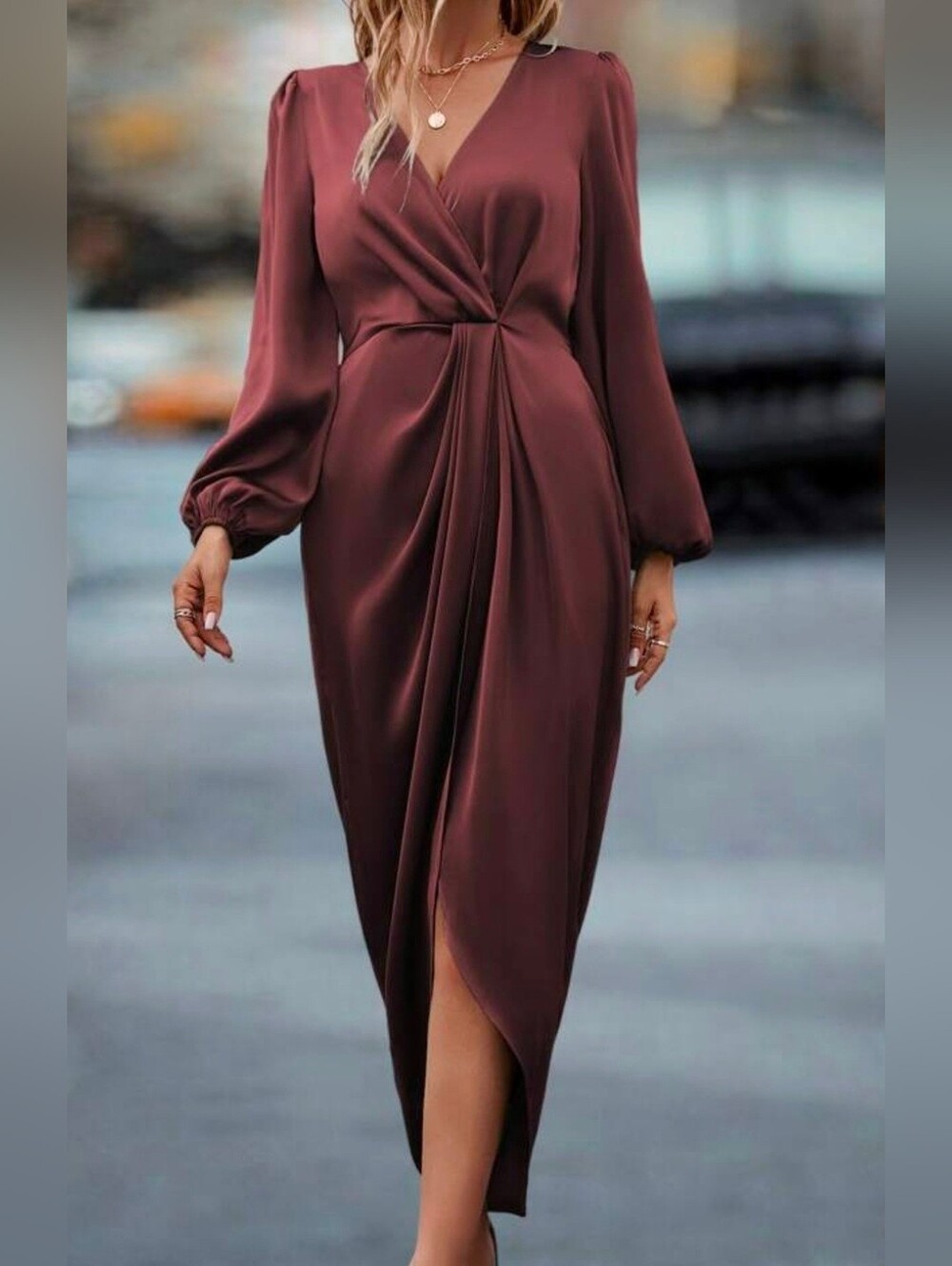 New Draped Wrap Front Lantern Long Sleeve Dress Satin Burgundy Red